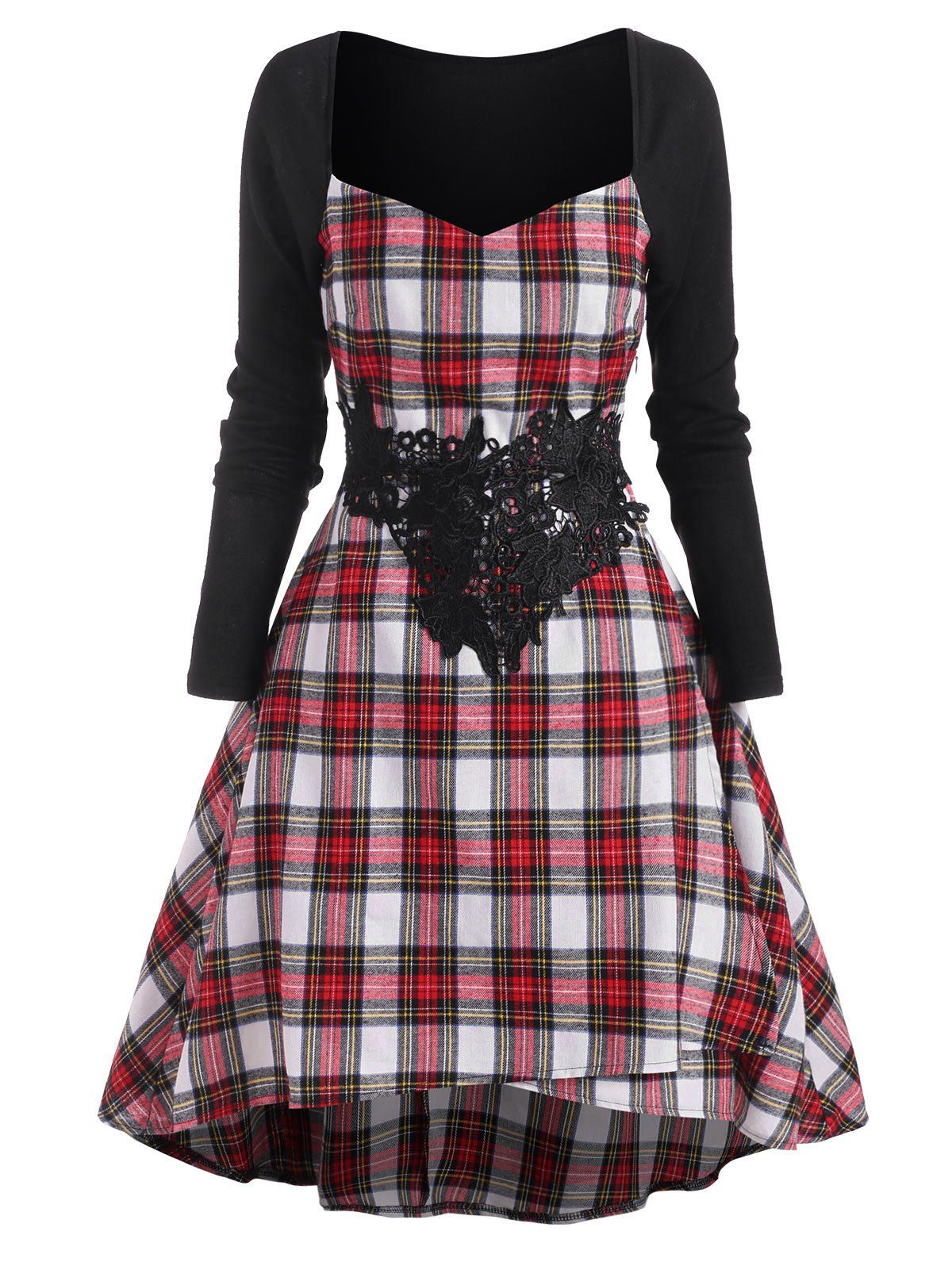 Guipure Insert Plaid Sweetheart High Low Dress - multicolor L