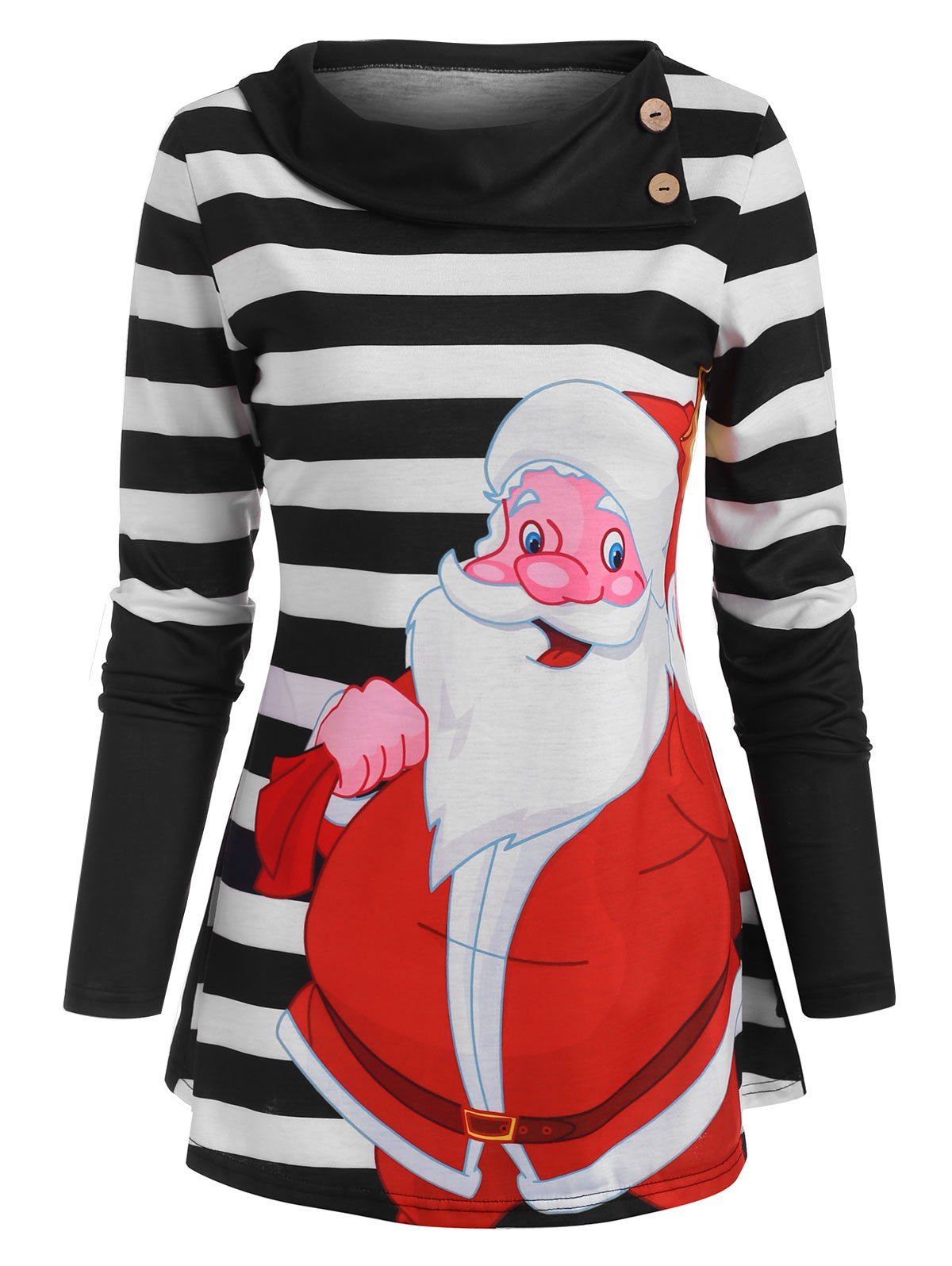 Christmas Santa Claus Striped Mock Button T Shirt - multicolor L