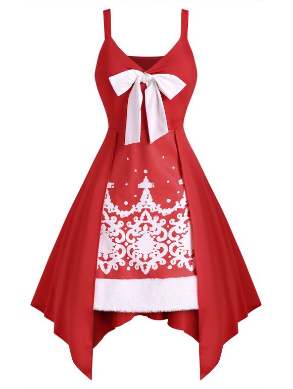 Robe Baroque Imprimée en Fausse Fourrure avec Nœud Papillon - Rouge XXL