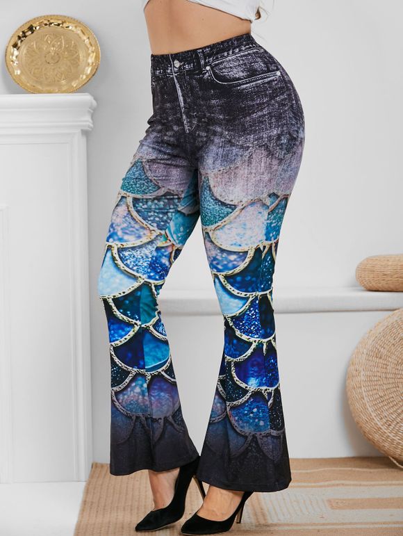 Pantalon Evasé à Imprimé 3D Sirène de Grande Taille - Noir 4X