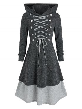 Long Sleeve Lace Up Contrast Layered Hooded Midi Dress
