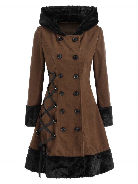 Faux Fur Panel Lace Up Hooded Coat