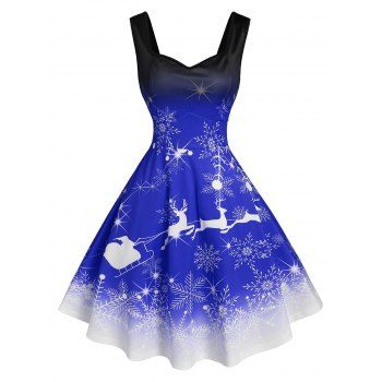 

Christmas Ombre Snowflake Elk Print Dress, Blueberry blue