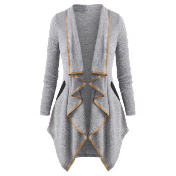

Plus Size Piping Trim Draped Waterfall Knit Cardigan, Light gray