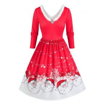 

Plus Size Christmas Santa Claus Long Sleeve V Notch Dress, Red