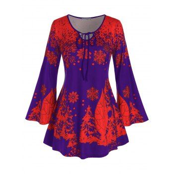 

Plus Size Christmas Snowflake Bell Sleeve Tied Tee, Purple iris