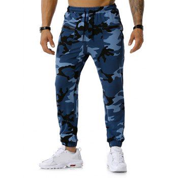 

Camouflage Print Zipper Pockets Sports Pants, Denim blue