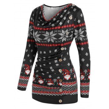 

Christmas Snowflake Print Cowl Neck Ruched T Shirt, Black