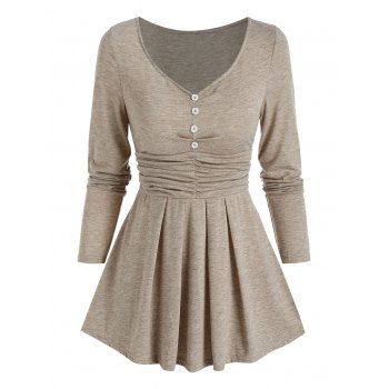 

Ruched V Neck Peplum T Shirt, Camel brown