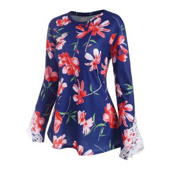 

Flower Print Guipure Insert Long Sleeve T Shirt, Red