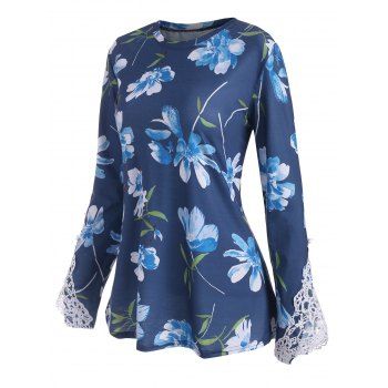 

Flower Print Guipure Insert Long Sleeve T Shirt, Blue