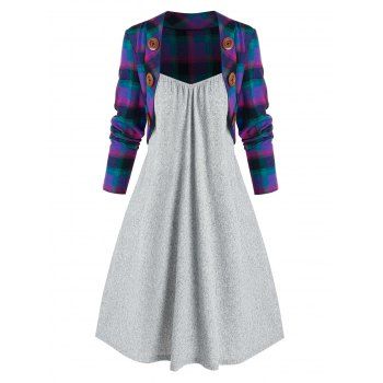 

Mock Button Plaid Pattern Twofer Dress, Multicolor a
