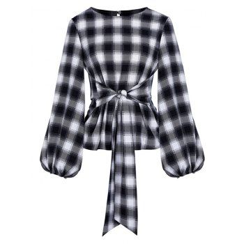 

Waist Tie Plaid Lantern Sleeve Blouse, Black