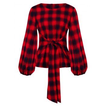

Waist Tie Plaid Lantern Sleeve Blouse, Red