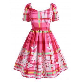 

Plus Size Vintage Flower Plaid Sweetheart Dress, Light pink