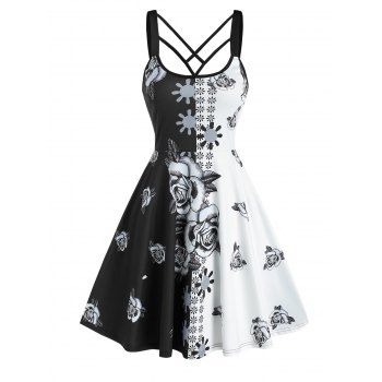 

Contrast Rose Flower Print Sleeveless Strappy Dress, Black