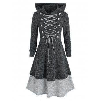 

Long Sleeve Lace Up Contrast Layered Hooded Midi Dress, Black