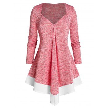 

Plus Size Space Dye Uneven Hem Long Sleeve Tee, Light pink