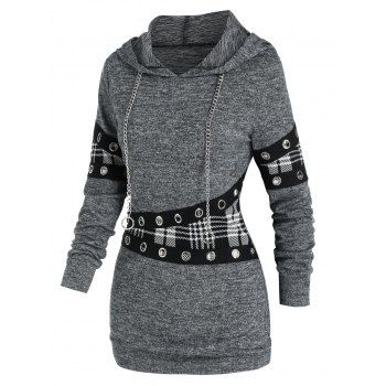

Plaid Panel Eyelet Chain Drawstring Hoodie, Gray