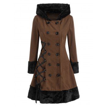 

Faux Fur Panel Lace Up Hooded Coat, Coffee