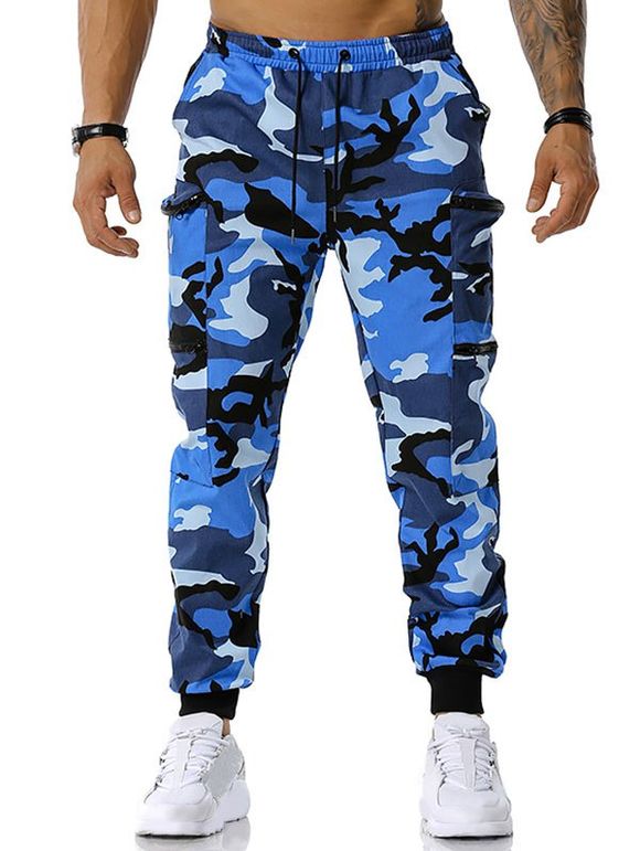 Pantalon Cargo à Imprimé Camouflage avec Poches Zippée - Bleu XXXL