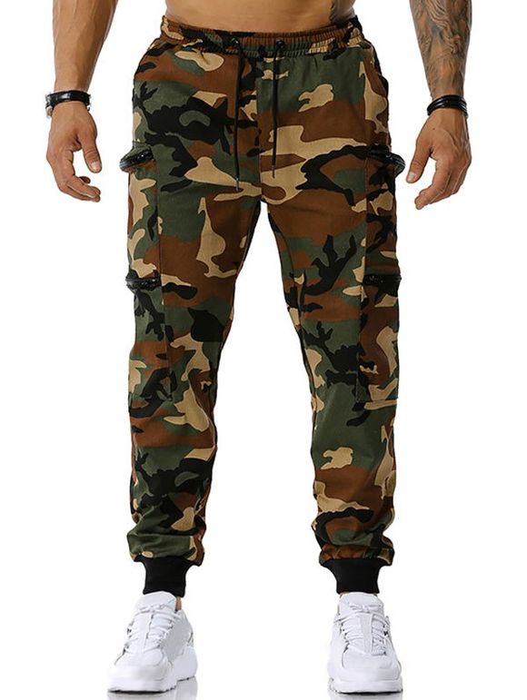 Pantalon Cargo à Imprimé Camouflage avec Poches Zippée - Vert Armée XXL