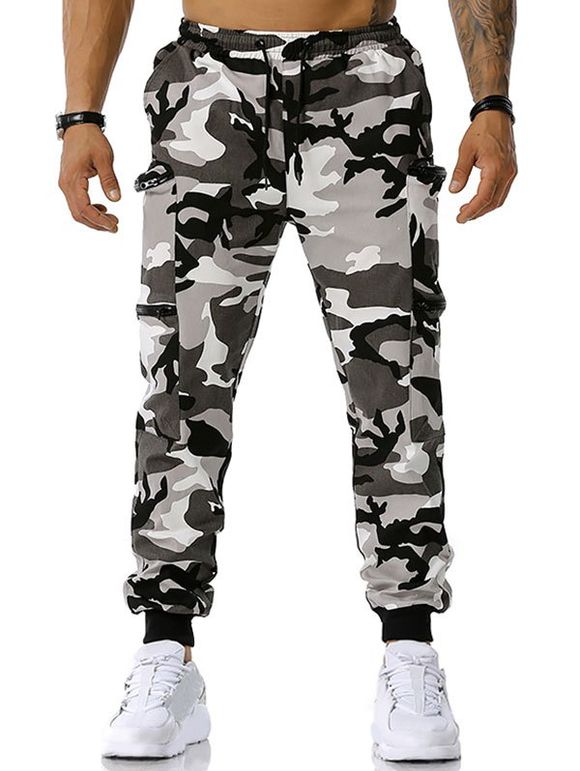 Pantalon Cargo à Imprimé Camouflage avec Poches Zippée - Gris XXXL