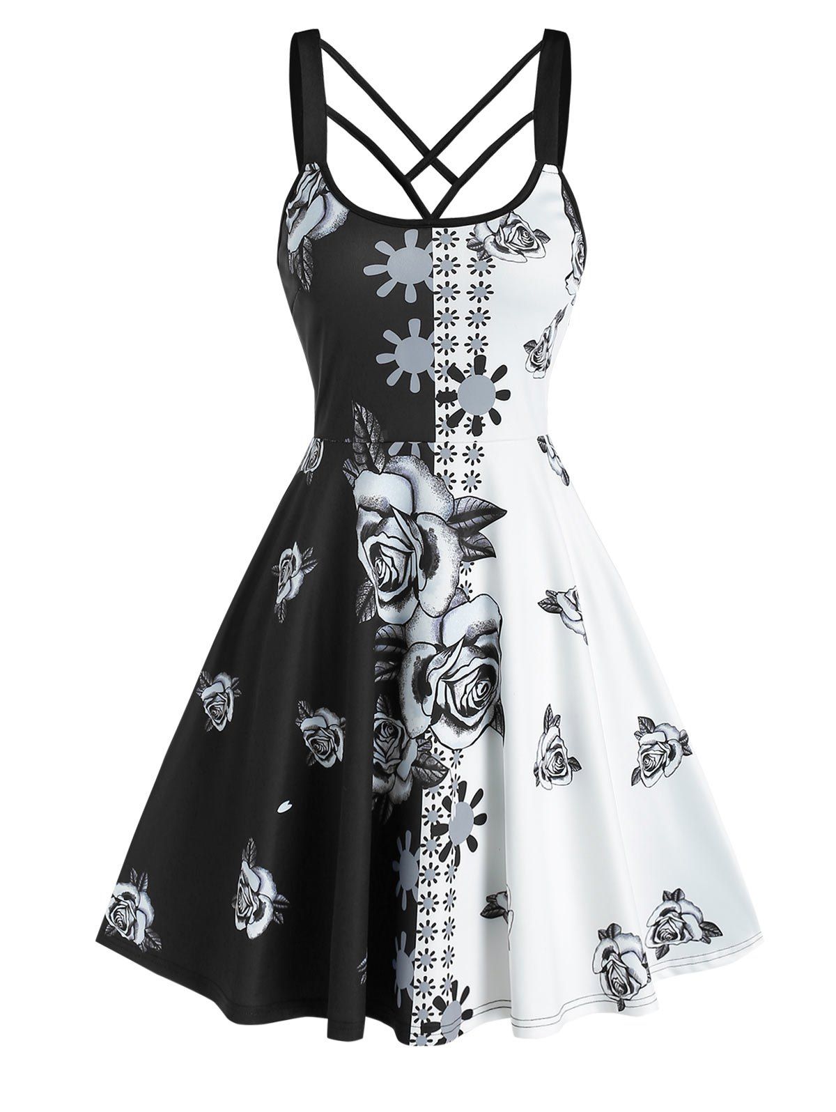 Contrast Rose Flower Print Sleeveless Strappy Dress - BLACK M