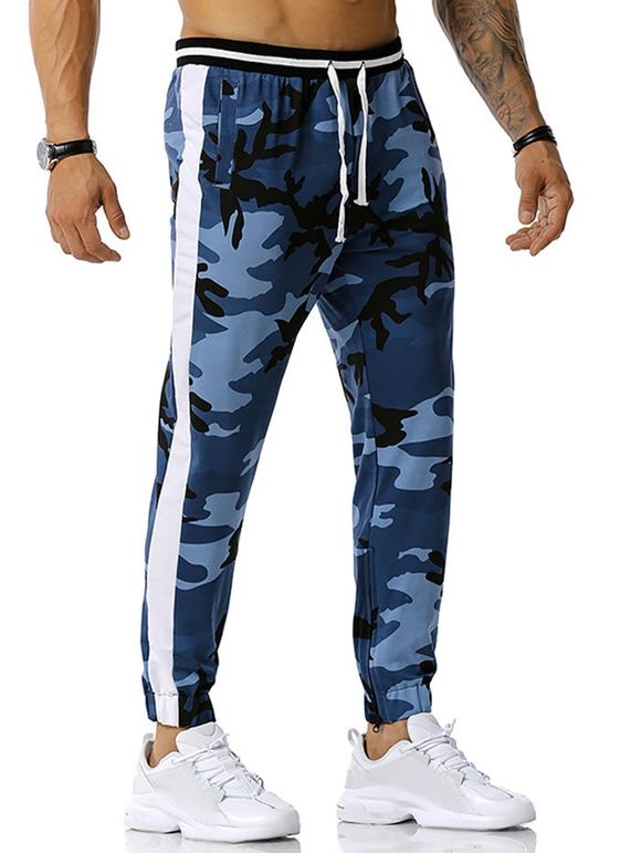 Pantalon de Sport à Imprimé Camouflage Zippé Fendu - Bleu de Jean M