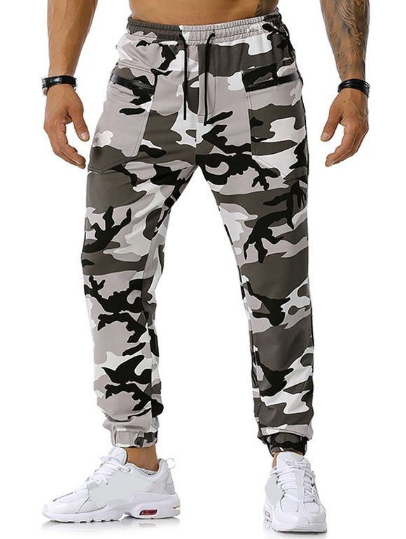 Pantalon de Sport à Imprimé Camouflage Zippé avec Poches - Gris XXXL