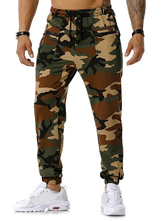 Pantalon de Sport à Imprimé Camouflage Zippé avec Poches - Vert Armée L