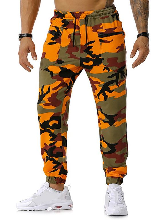 Pantalon de Sport à Imprimé Camouflage Zippé avec Poches - Orange XXL