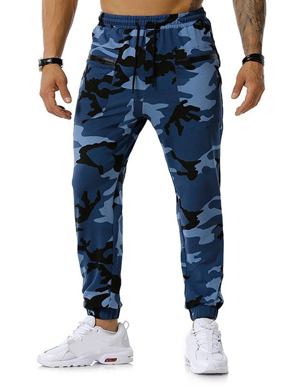 Pantalon de Sport à Imprimé Camouflage Zippé avec Poches - Bleu Toile de Jean XL