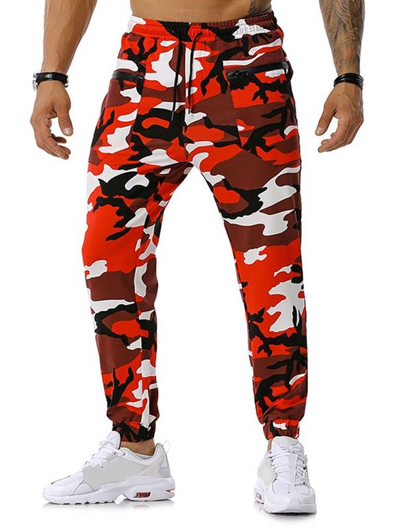 Pantalon de Sport à Imprimé Camouflage Zippé avec Poches - Rouge XXL