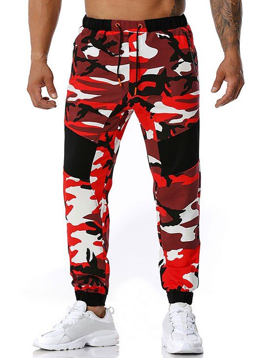 Pantalon de Sport à Imprimé Camouflage avec Poches Zippée - Rouge XXXL