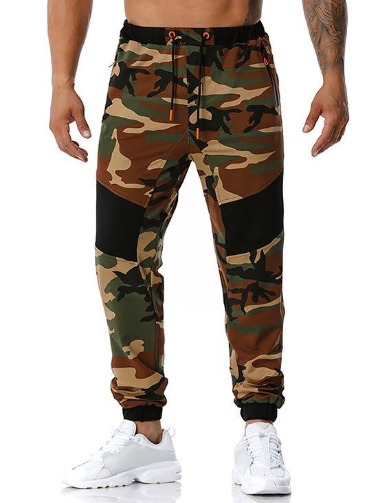 Pantalon de Sport à Imprimé Camouflage avec Poches Zippée - Vert Armée S