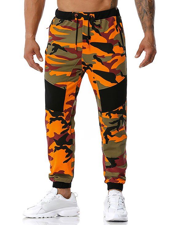 Pantalon de Sport à Imprimé Camouflage avec Poches Zippée - Orange S