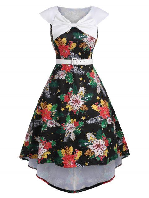 Christmas Party Dress High Low Midi Dress Bowknot Plant Floral Print Belted High Waist Sleeveless Vintage Dress