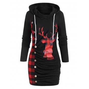 

Plaid Elk Ruched Slinky Hoodie Dress, Black