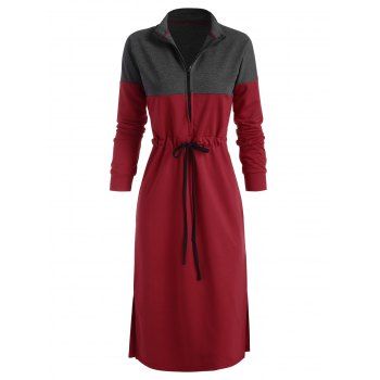 

Two Tone Contrast Drawstring Slit Midi Dress, Red