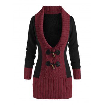 

Colorblock Horn Button Plunging Sweater, Red wine