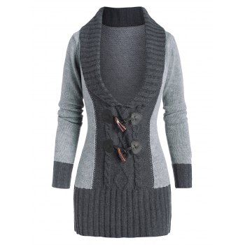 

Colorblock Horn Button Plunging Sweater, Gray