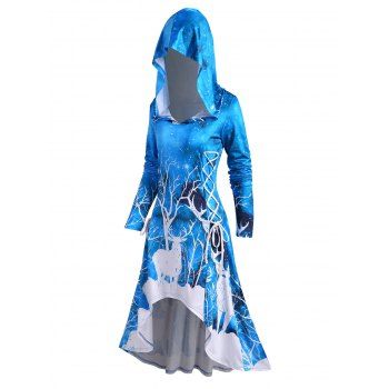 Hooded Christmas Elk Print Lace-up High Low Dress, Blue