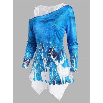 

Lace Tank Top and Christmas Elk Print Asymmetrical Top, Blue