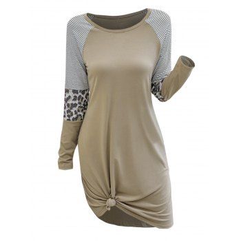 

Casual Stripes Leopard Panel Tee Dress, Light coffee