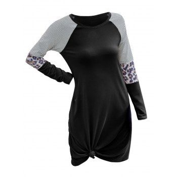 

Casual Stripes Leopard Panel Tee Dress, Black