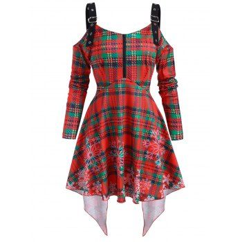 

Christmas Plaid Snowflake Cold Shoulder High Low Top, Red