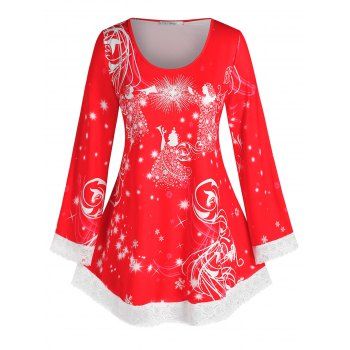

Plus Size Christmas Snowflake Lace Hem Long Sleeve Tee, Red