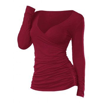 

Plunging Ruched Long Sleeve T Shirt, Red