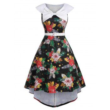 Women Christmas Party Dress High Low Midi Dress Bowknot Plant Floral Print Belted High Waist Sleeveless Vintage Dress Clothing L Black